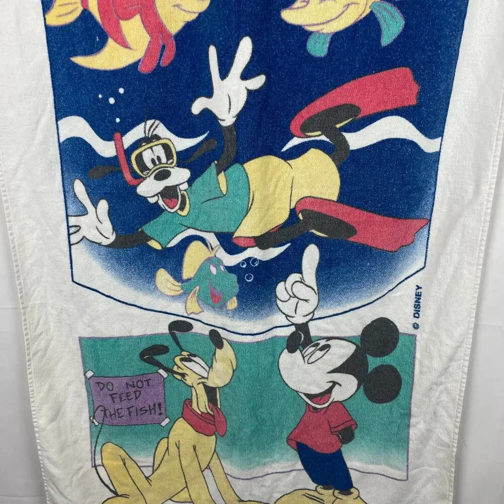 Disney Mickey Beach Towel Franco Vintage Pluto Fish Donald Duck Cotton 90s